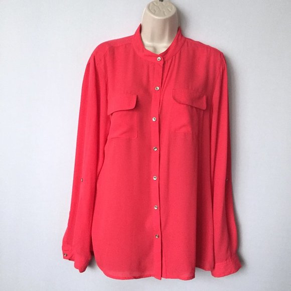 Lord & Taylor Pink Red Chiffon Long Sleeve Button Down Shirt - Picture 2 of 4